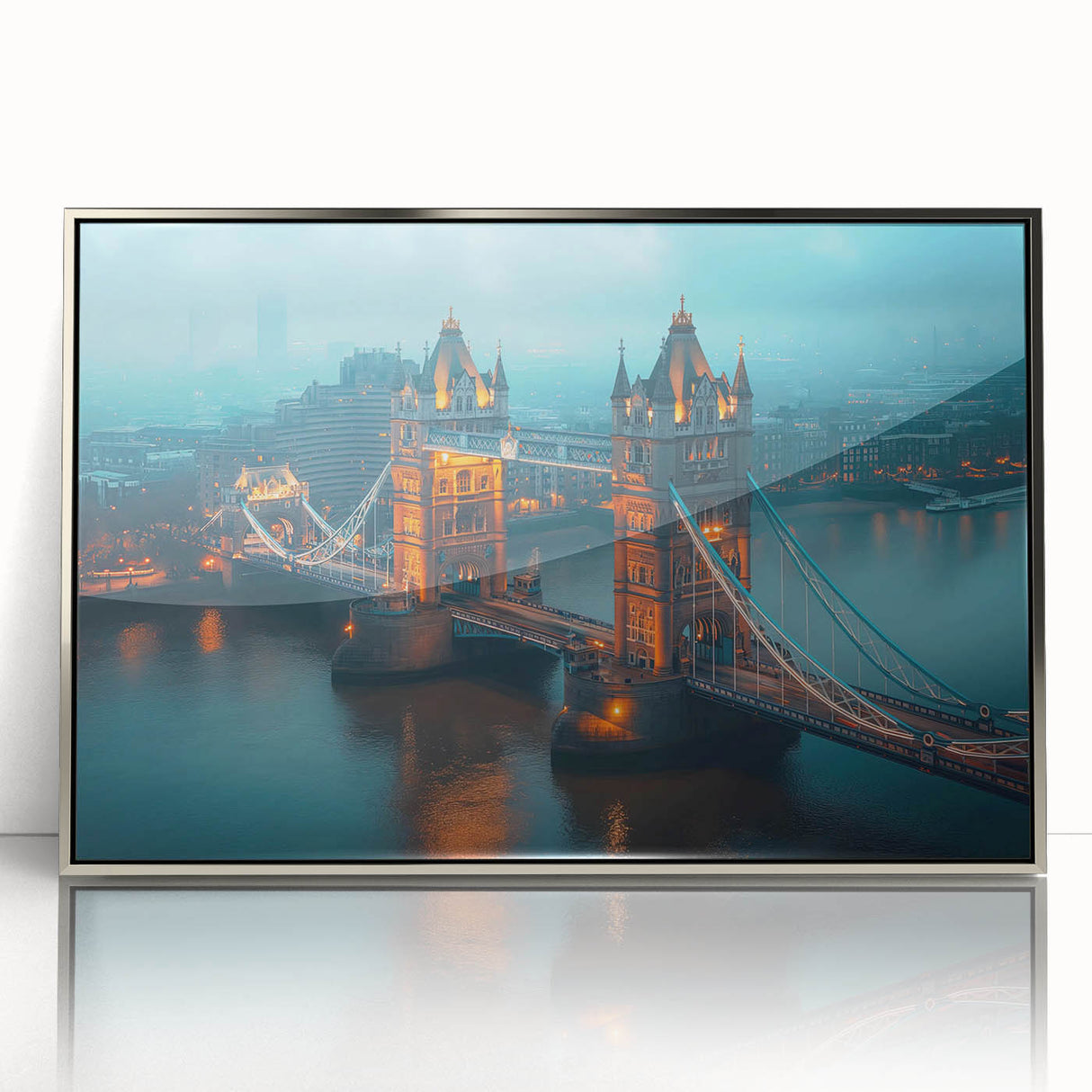 Framed acrylic wall art showcasing a modern landscape bridge design in silver tones, adding elegance to any interior decor. Perfect for contemporary art lovers.