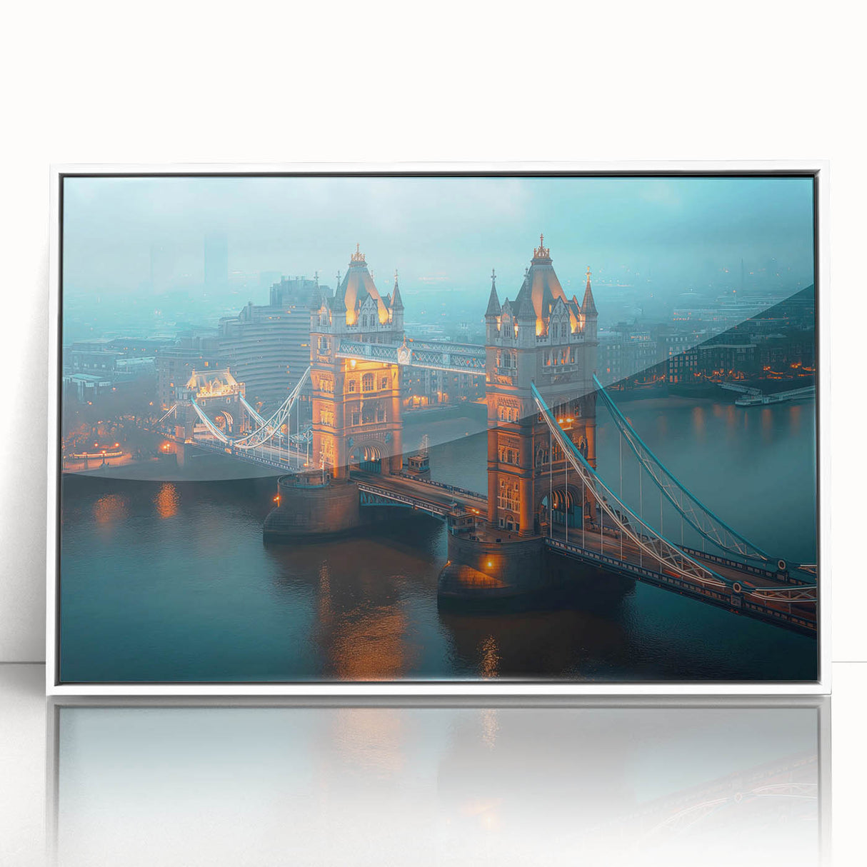 Framed wall art featuring a serene landscape with a bridge, displayed in a modern white frame, perfect for enhancing home decor with nature-inspired aesthetics.