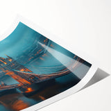 Beautiful rolled print of a contemporary landscape featuring a bridge over tranquil waters, showcasing vibrant colors and intricate details, perfect for home decor.