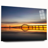 Acrylic glass wall art piece showcasing a vibrant landscape with a bridge, displayed in a side view without pins, perfect for home decor or office aesthetics.
