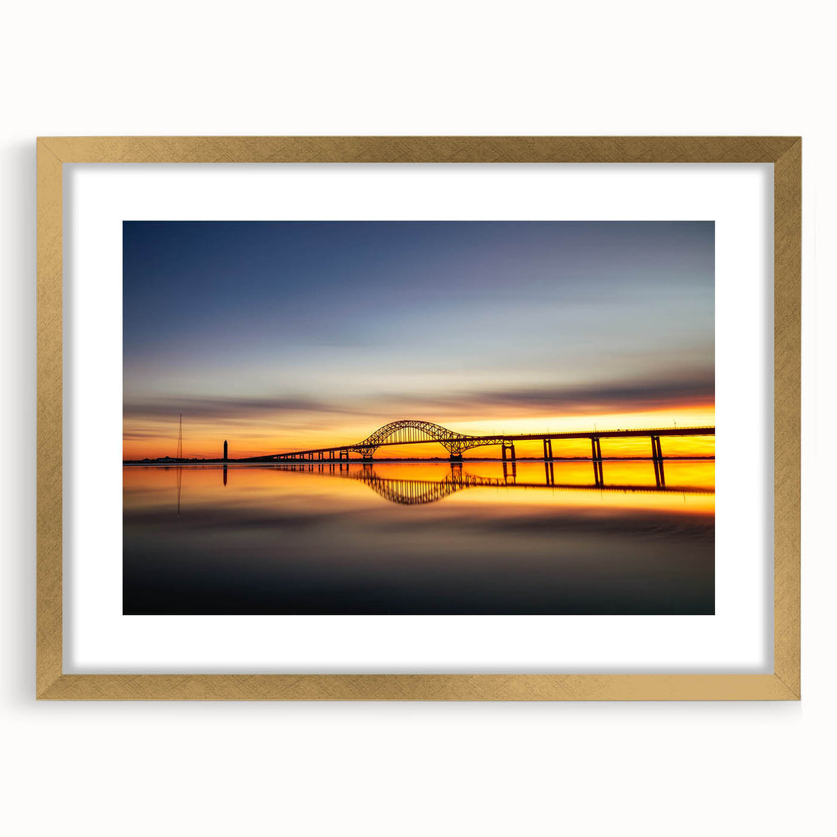 Elegant framed wall art collection showcasing a stunning landscape bridge design, featuring a gold mat and frame, perfect for enhancing home decor with a touch of sophistication.