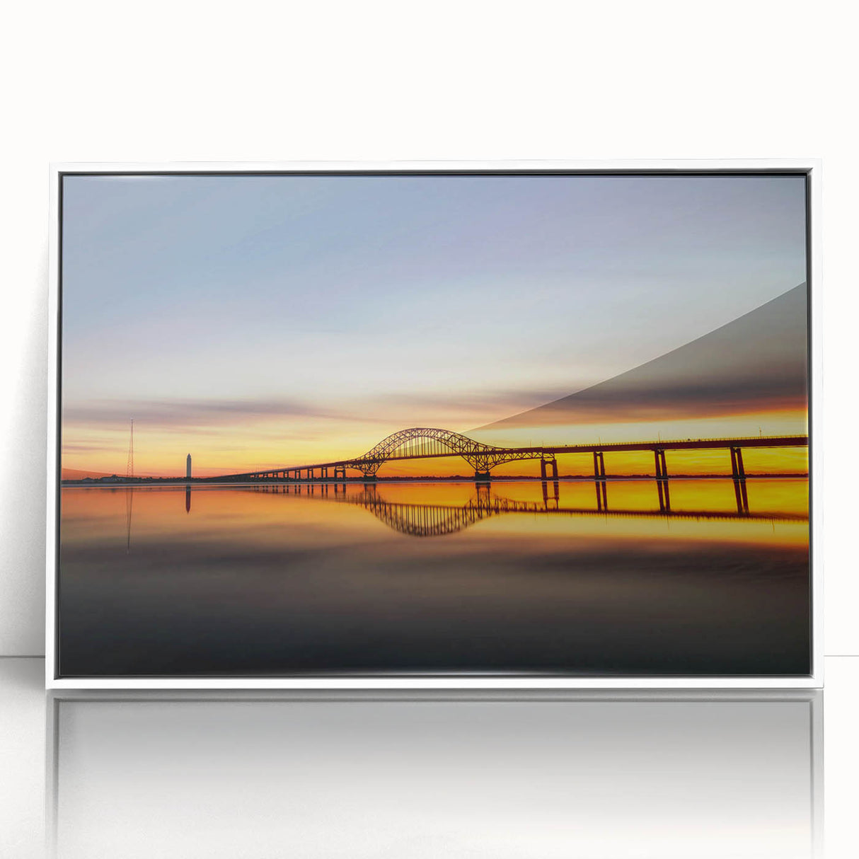 Framed acrylic wall art collection showcasing a modern landscape bridge design in a sleek white frame, ideal for contemporary home decor, adding elegance and sophistication.