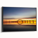 Framed canvas wall art showcasing a modern landscape design featuring bridges, presented in a sleek black frame, ideal for contemporary home decor.