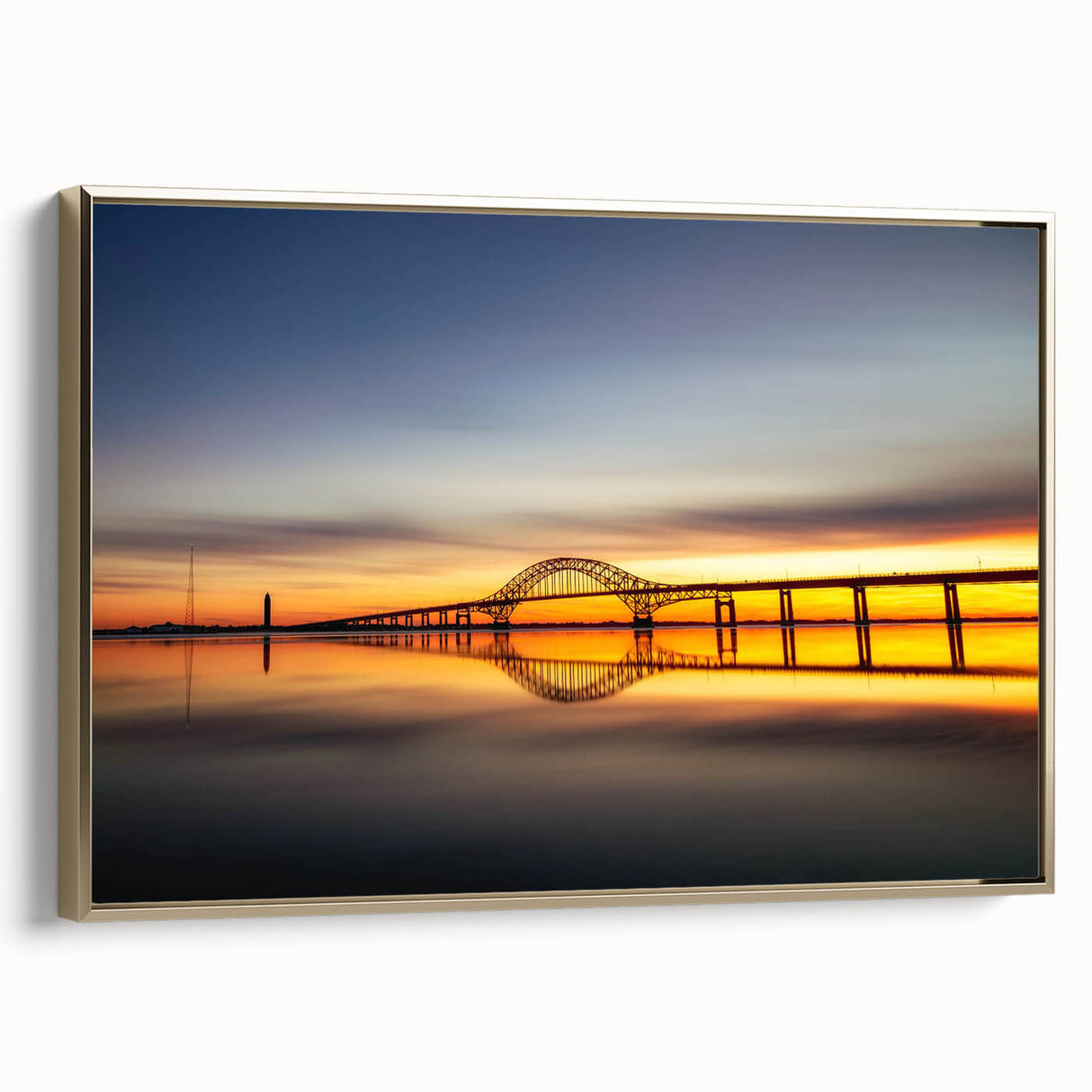 Framed canvas wall art showcasing a scenic landscape with a bridge, featuring gold accents and a modern design, perfect for elevating home decor.