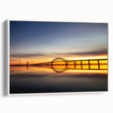 Framed canvas wall art depicting a serene landscape with a bridge, featuring soft pastel colors and a minimalist design, perfect for modern home décor.