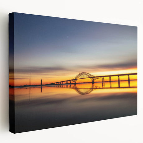 Stretched canvas artwork showcasing a vibrant landscape bridge design with lush greenery and a serene river, ideal for enhancing home decor and wall aesthetics.