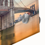 Close-up of a vibrant acrylic wall art piece showcasing a serene landscape with a bridge, featuring rich colors and intricate details, perfect for home decor.