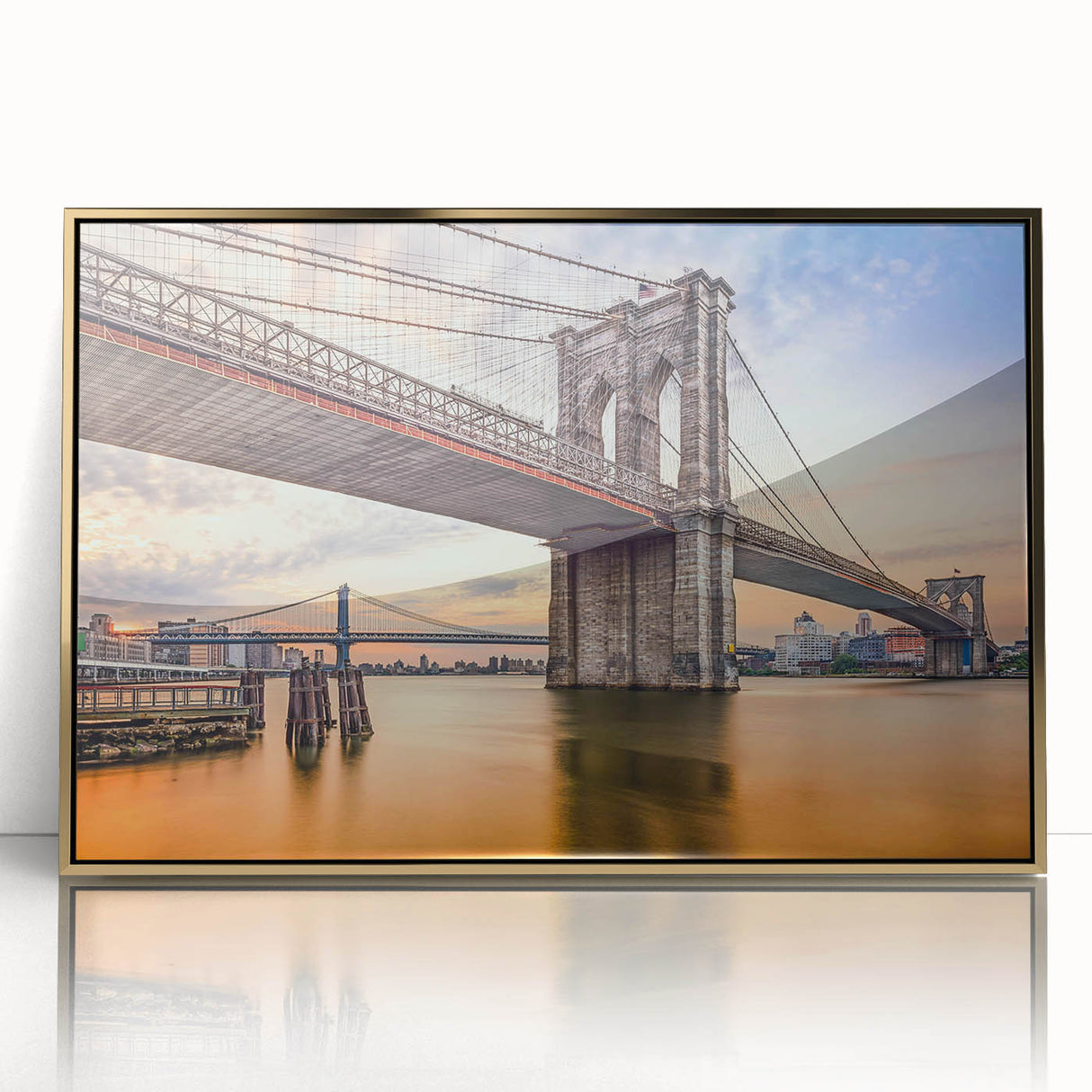 Framed acrylic wall art showcasing a stunning bridge landscape design with gold accents, perfect for enhancing modern home decor or office spaces.
