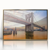 Framed acrylic wall art showcasing a stunning bridge landscape design with gold accents, perfect for enhancing modern home decor or office spaces.