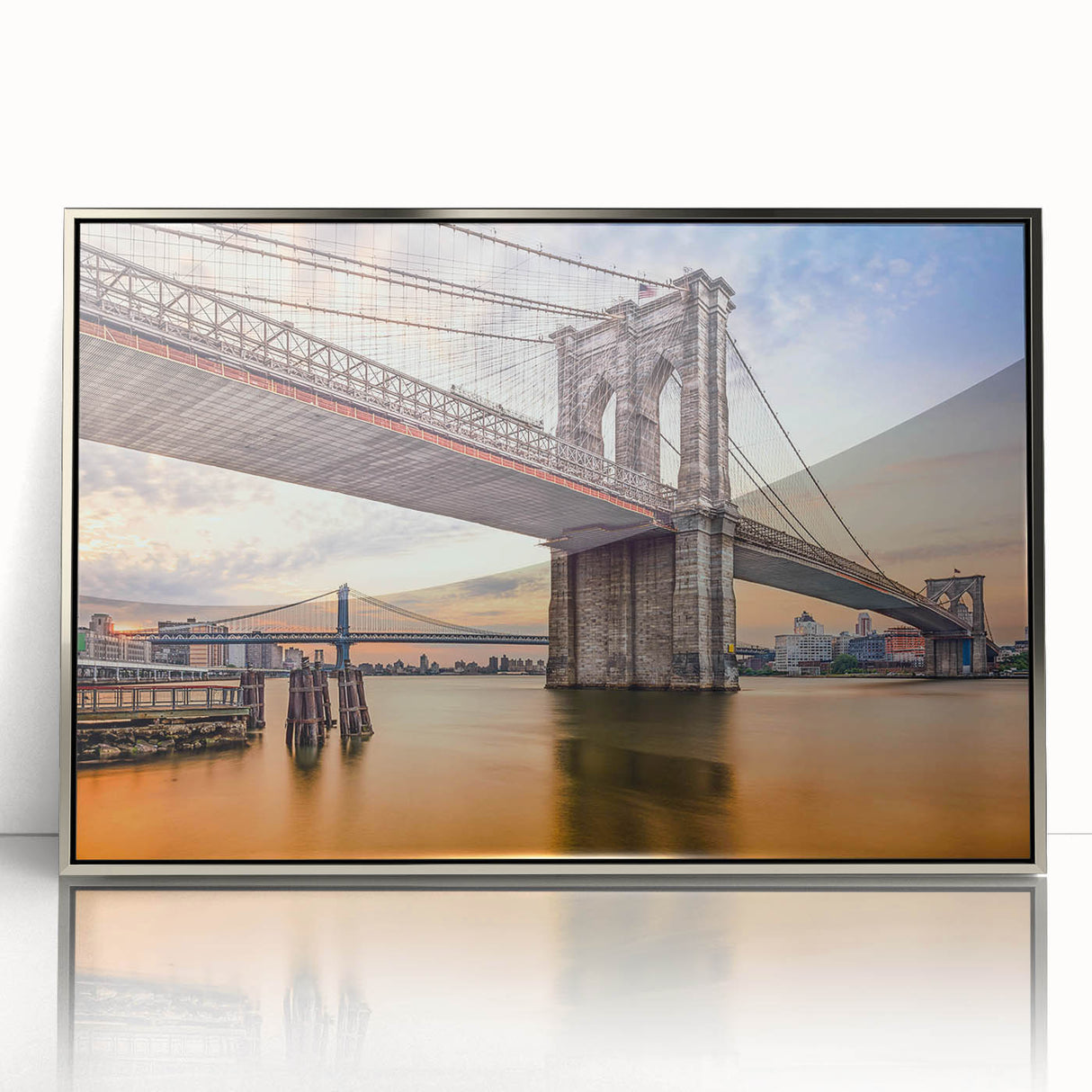 Framed acrylic wall art showcasing a modern landscape design with a silver bridge, perfect for contemporary home décor. Ideal for adding elegance to living spaces.