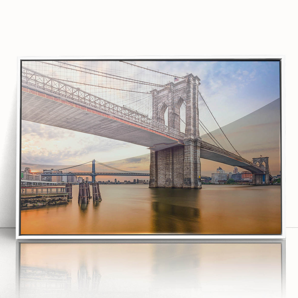 Framed acrylic wall art featuring a stunning landscape design of a bridge, showcased in a sleek white frame, perfect for modern home decor.
