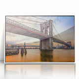 Framed acrylic wall art featuring a stunning landscape design of a bridge, showcased in a sleek white frame, perfect for modern home decor.