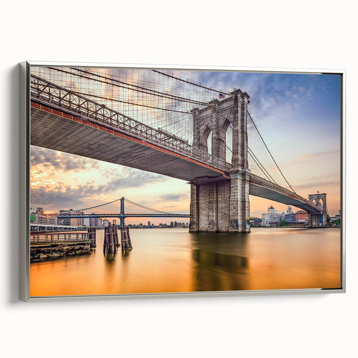 Framed canvas wall art showcasing a modern landscape bridge design with a silver frame, ideal for adding elegance to home decor. The artwork features a serene color palette, enhancing any interior space.