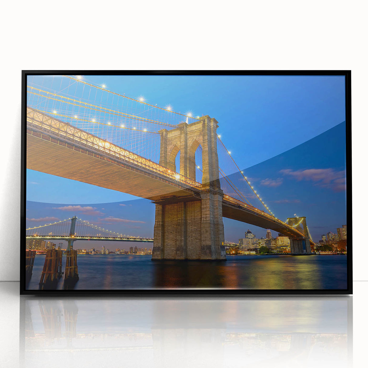 Framed acrylic wall art showcasing a modern landscape bridge design, featuring a sleek black frame and vibrant colors, perfect for contemporary home decor.
