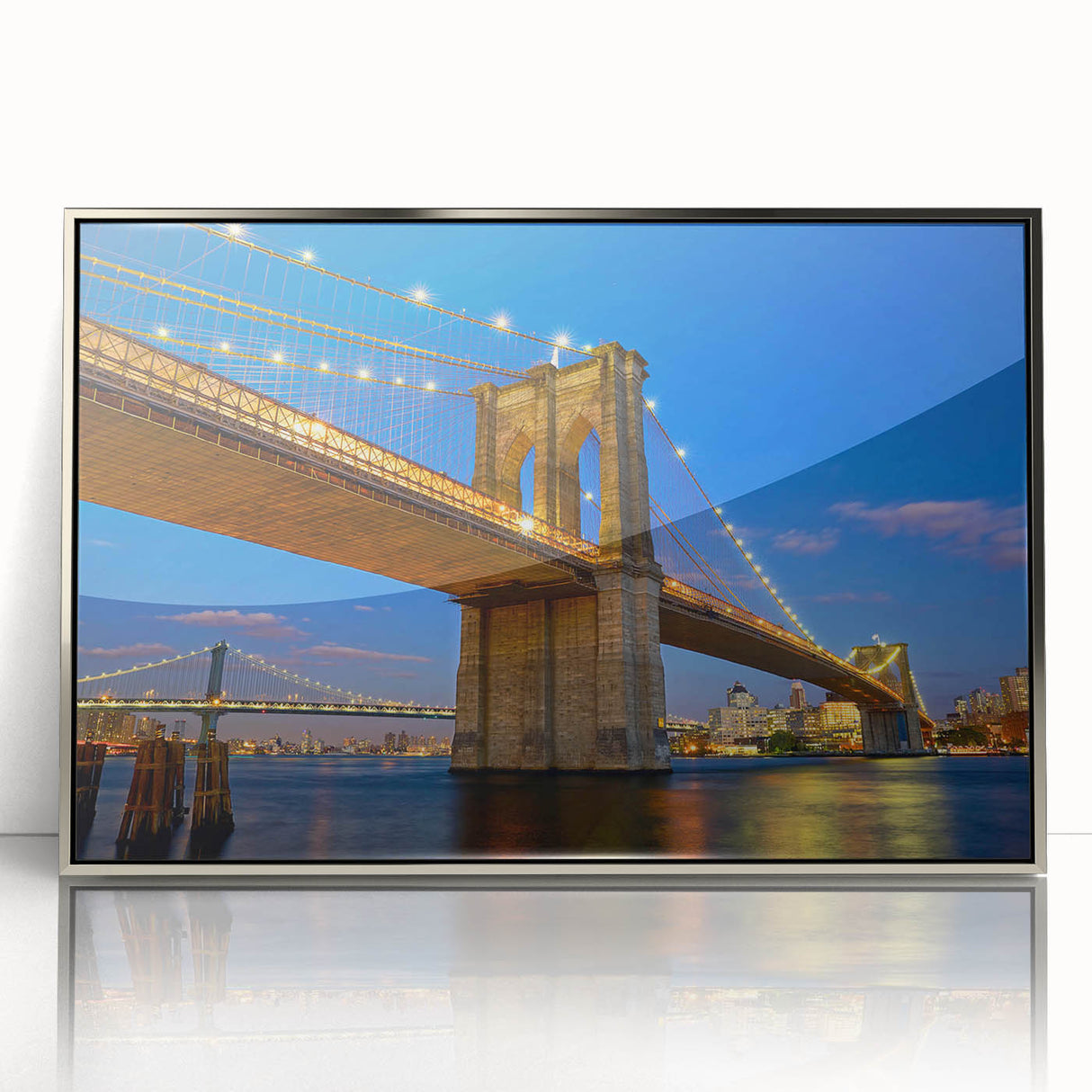 Framed acrylic wall art featuring a modern landscape design with a silver frame, showcasing a serene bridge scene, perfect for contemporary home decor.