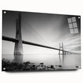 Acrylic wall art showcasing a picturesque landscape with a bridge, displayed from a side view with decorative pins, ideal for enhancing modern home decor.