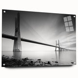 Acrylic wall art showcasing a picturesque landscape with a bridge, displayed from a side view with decorative pins, ideal for enhancing modern home decor.