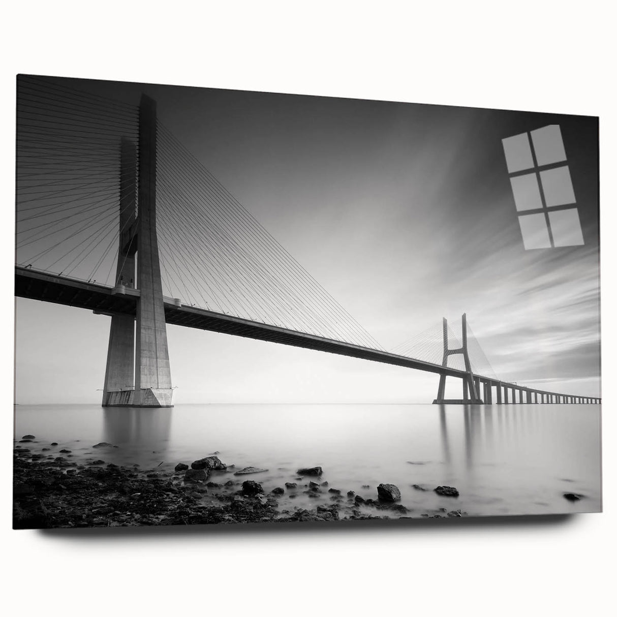 Acrylic glass wall art showcasing a vibrant landscape bridge design, featuring rich colors and intricate details, perfect for modern home decor. The artwork is displayed from a side view, emphasizing its sleek finish and contemporary style.