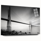 Acrylic glass wall art showcasing a vibrant landscape bridge design, featuring rich colors and intricate details, perfect for modern home decor. The artwork is displayed from a side view, emphasizing its sleek finish and contemporary style.