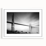 Framed landscape wall art featuring a serene bridge scene with vibrant colors, set against a white mat background, perfect for home decor enhancement.