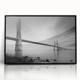 Framed acrylic wall art showcasing a modern bridge landscape design, featuring a sleek black frame and vibrant colors, perfect for contemporary home decor.