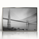 Framed acrylic wall art showcasing a stunning landscape with a bridge, featuring a sleek silver frame. Ideal for modern home decor, this piece adds elegance to any space.