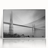 Framed acrylic wall art depicting a serene landscape with a bridge, featuring a white frame and vibrant colors. Ideal for enhancing modern decor in living spaces.