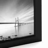 Close-up of a framed canvas artwork showcasing a vibrant landscape bridge design, featuring rich colors and intricate details, perfect for home decor enhancement.