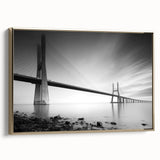 Framed canvas wall art showcasing a modern landscape design with intricate bridge details, featuring a gold frame that enhances its elegance, perfect for contemporary decor.