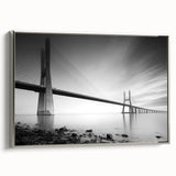 Framed canvas wall art showcasing a stunning landscape of a bridge over a serene river, featuring silver accents and a modern design, perfect for home decor.