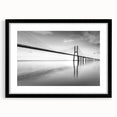 Black-framed wall art featuring a serene landscape with a picturesque bridge, designed for home decor. The mat adds elegance, enhancing any interior space.