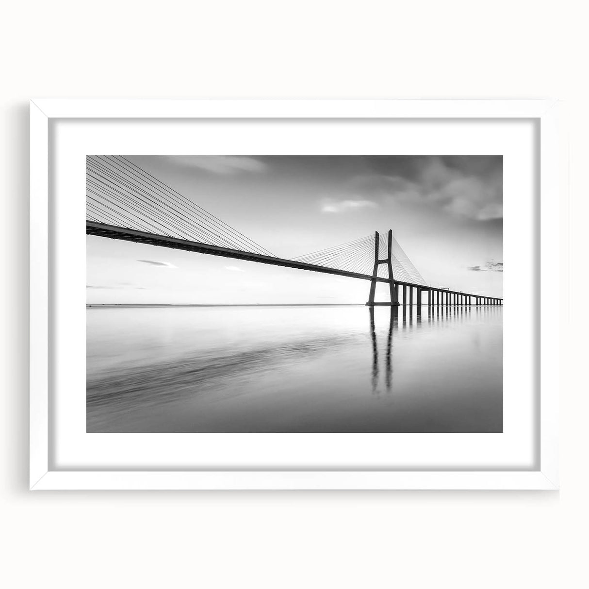 Framed wall art showcasing a captivating landscape bridge design with a white mat, perfect for home decor, enhancing interiors with artistic elegance.