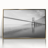 Framed acrylic wall art depicting a modern landscape bridge design in gold tones, showcasing intricate details and a sleek finish, perfect for stylish home decor.