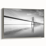 Framed canvas wall art showcasing a serene landscape bridge design, featuring silver accents and a sleek profile. Ideal for modern home decor and art enthusiasts.