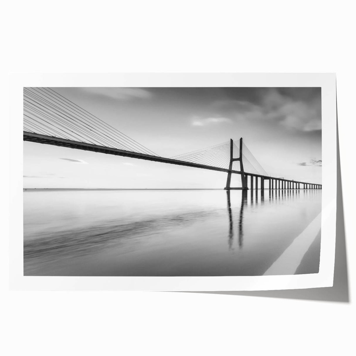 Stunning rolled print of a serene landscape featuring a bridge over a tranquil body of water, designed for home decor, showcasing vibrant colors and intricate details. Perfect for adding a calming element to any interior space.