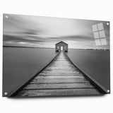 Acrylic glass wall art featuring a vibrant landscape bridge design, showcasing intricate details and lively colors, displayed from a side view with decorative pins.