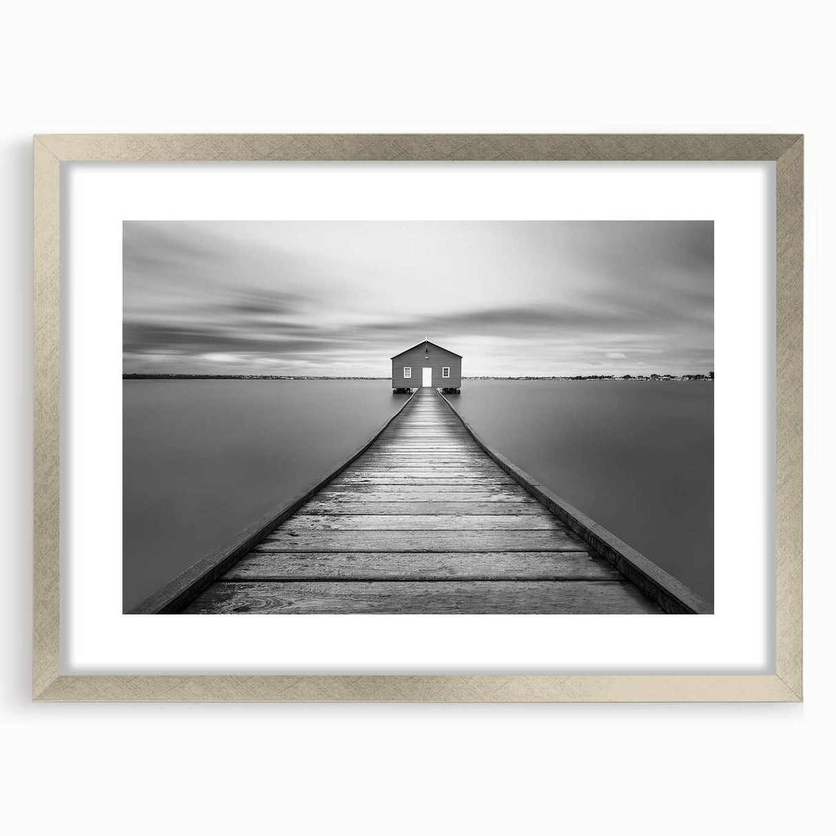 Framed silver wall art featuring a modern landscape design of a bridge, with a white mat for added elegance, perfect for home decor and interior styling.