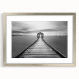 Framed silver wall art featuring a modern landscape design of a bridge, with a white mat for added elegance, perfect for home decor and interior styling.