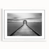 Framed wall art featuring a scenic landscape and bridge design, with a white mat and sleek frame, perfect for enhancing modern home decor and interior design.