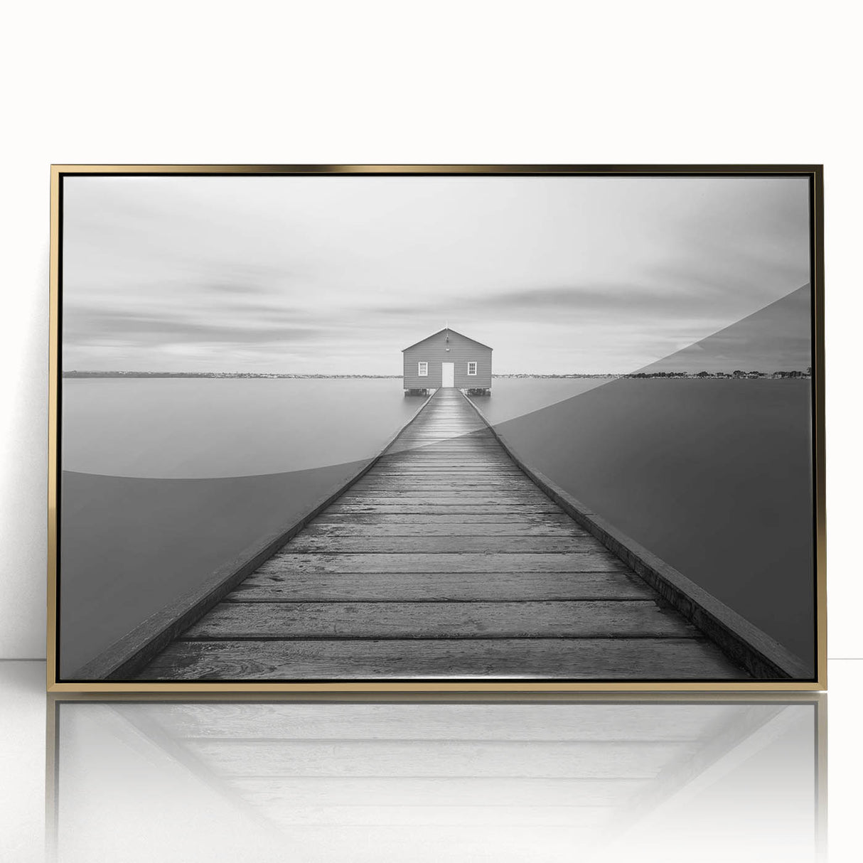 Framed acrylic wall art featuring an elegant landscape bridge design with gold accents, perfect for modern home decor and enhancing living spaces.