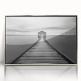 Framed acrylic wall art featuring a modern landscape bridge design in silver, showcasing a sleek front view that enhances contemporary decor. Perfect for adding elegance to living spaces.