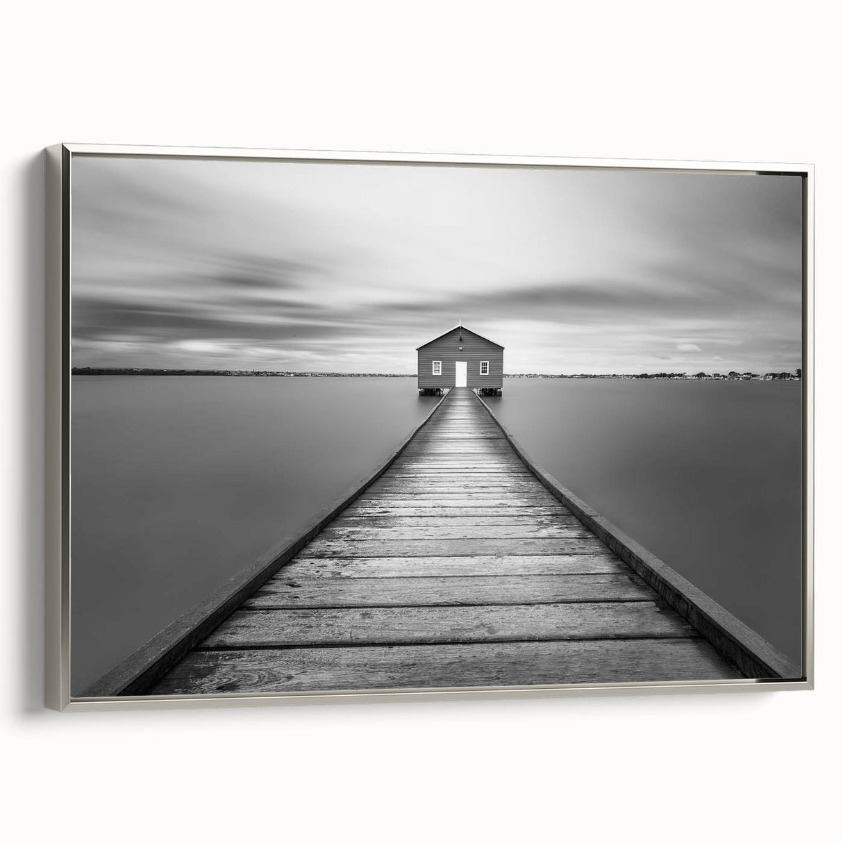 Framed canvas wall art showcasing a stunning landscape with a bridge, featuring a silver frame that enhances its elegance, ideal for home or office decor.