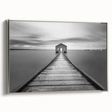 Framed canvas wall art showcasing a stunning landscape with a bridge, featuring a silver frame that enhances its elegance, ideal for home or office decor.