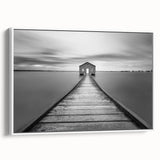 Framed canvas wall art showcasing a serene landscape bridge design with vibrant colors and intricate details, displayed against a white wall for a modern aesthetic.
