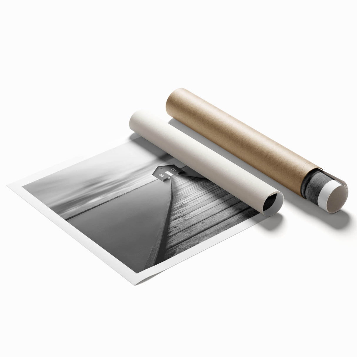 Rolled print of a stunning landscape featuring a serene bridge over a tranquil river, showcasing vibrant colors and intricate details, perfect for home decor.