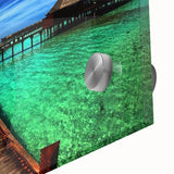 Close-up view of a modern wall art piece showcasing a vibrant landscape with a bridge, printed on acrylic glass, ideal for contemporary home decor.