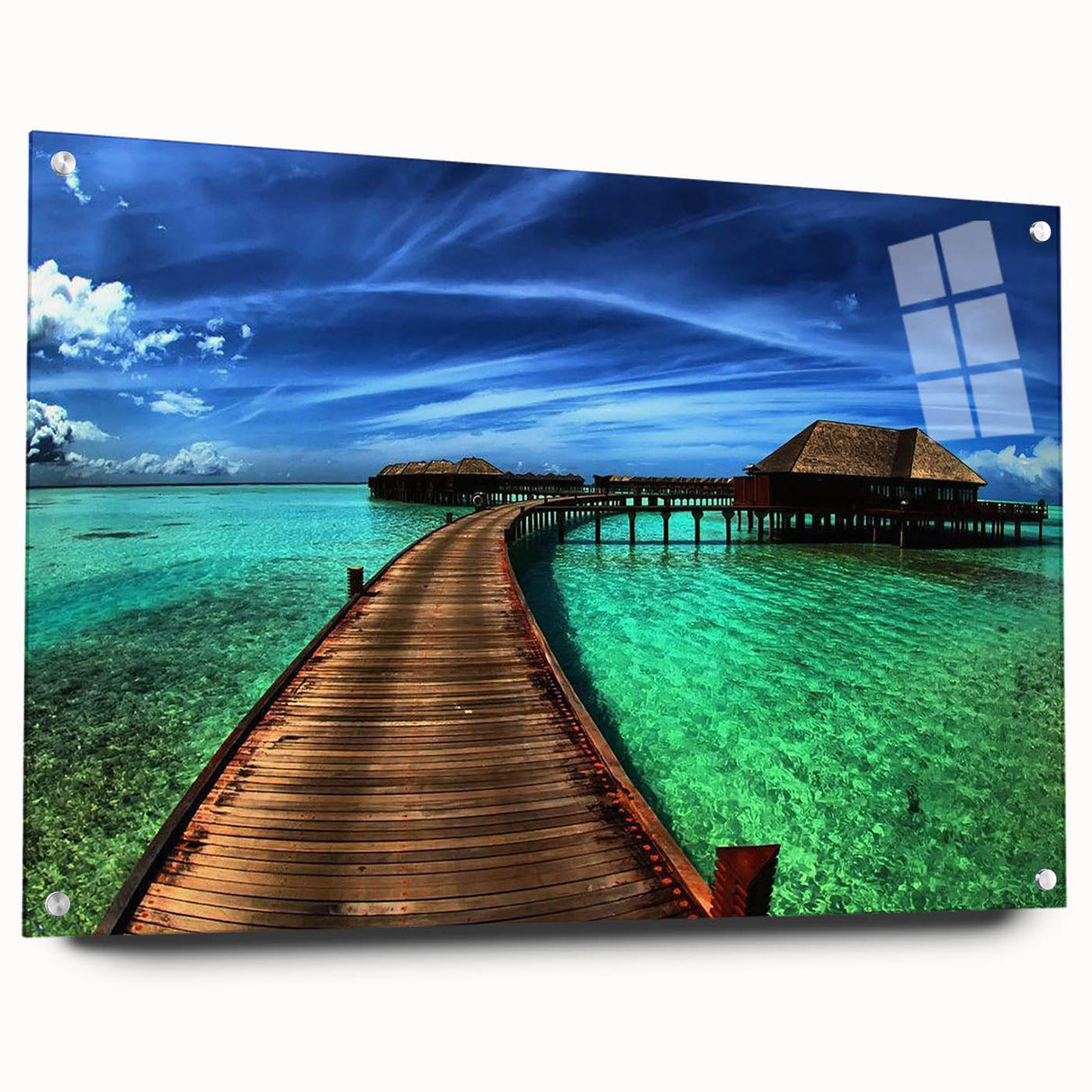 Acrylic glass wall art featuring a vibrant landscape bridge design, showcasing intricate details and vivid colors, perfect for modern home decor.