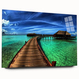 Acrylic glass wall art showcasing a panoramic view of a vibrant landscape with a modern bridge, perfect for contemporary home decor. Side profile highlights the sleek design and clarity of the artwork.