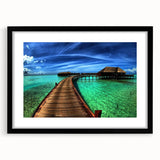 Framed wall art showcasing a stunning landscape bridge design, featuring a sleek black frame and mat, ideal for enhancing modern home decor with elegance.