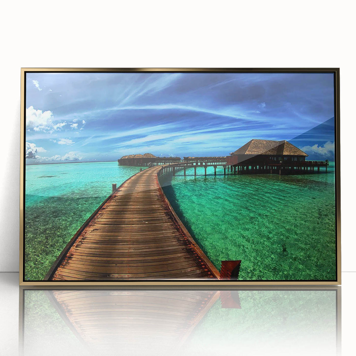 Framed wall art showcasing a stunning landscape bridge design with acrylic finish and gold accents, ideal for modern home decor. Perfect for enhancing living spaces.
